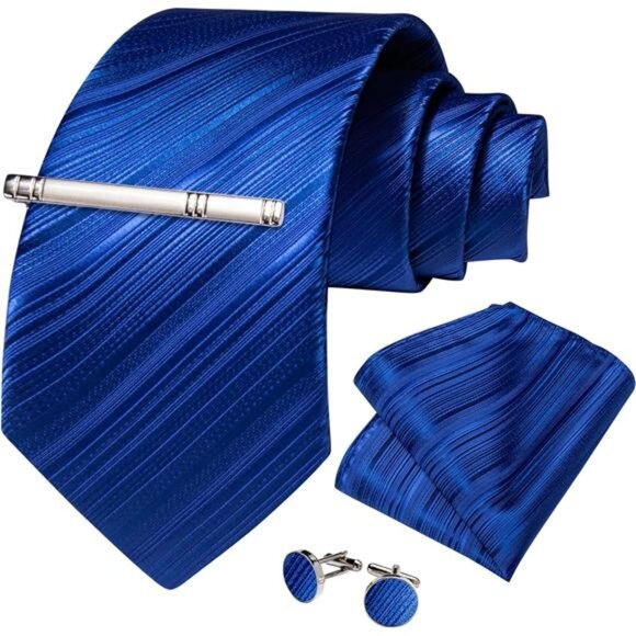 Men's Stripe Tie Silk Woven Necktie Pocket Square Cufflink Set Formal Business - Picture 2 of 7